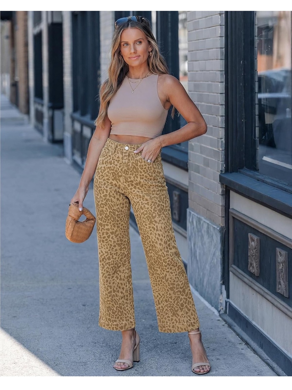 High-Rise Wide Leg Leopard Print Pants in Tan